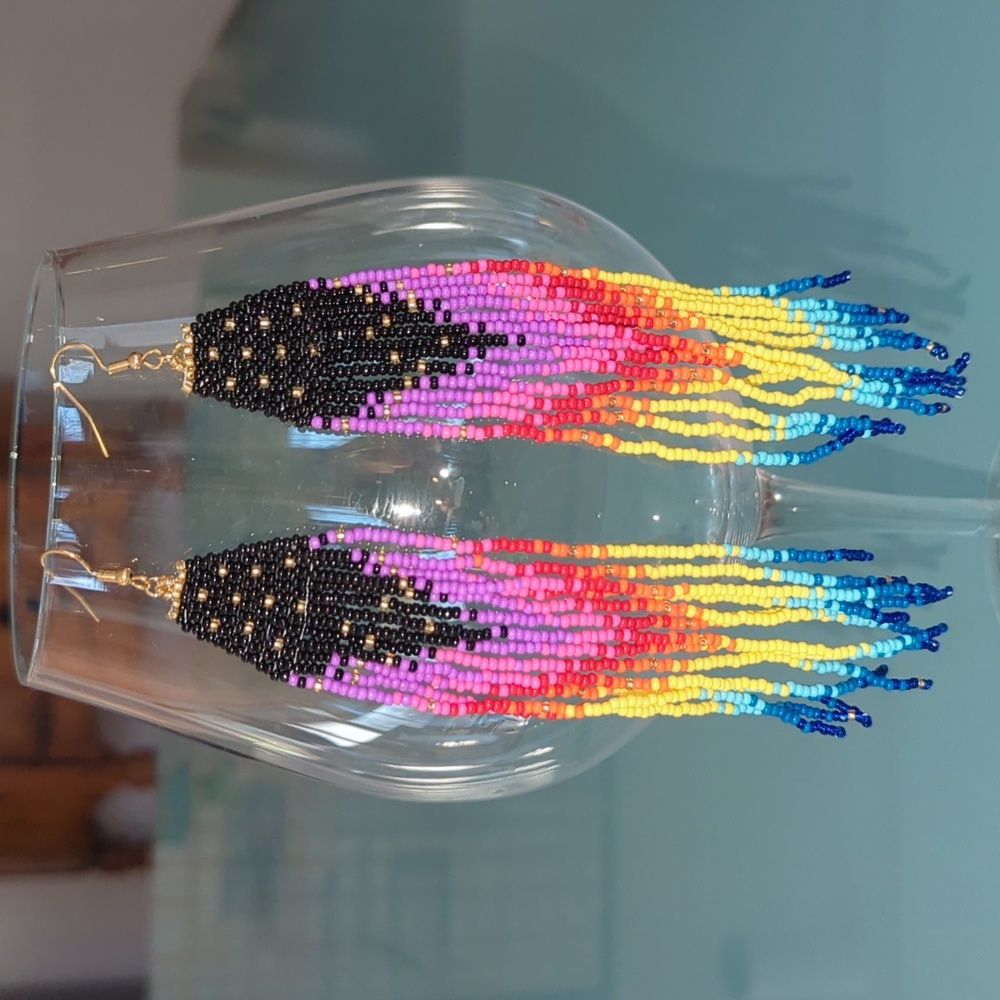 Beaded Handmade Earrings, Pierced Rainbow Festival Earrings